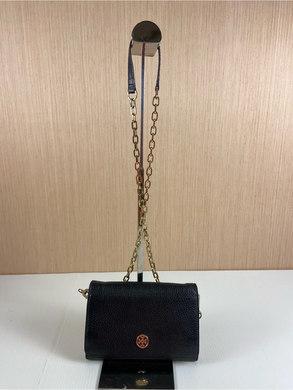 Tory Burch Black Pebbled Leather Wallet On Chain Crossbody WOC